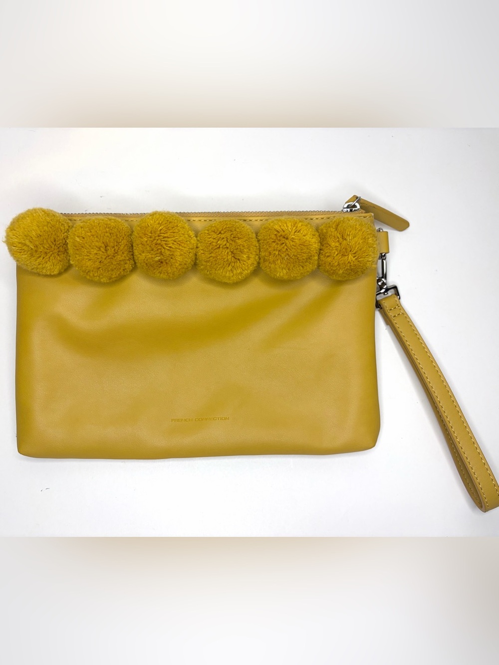 French Connection Mustard Yellow Pom Pom Wristlet Clutch NWOT